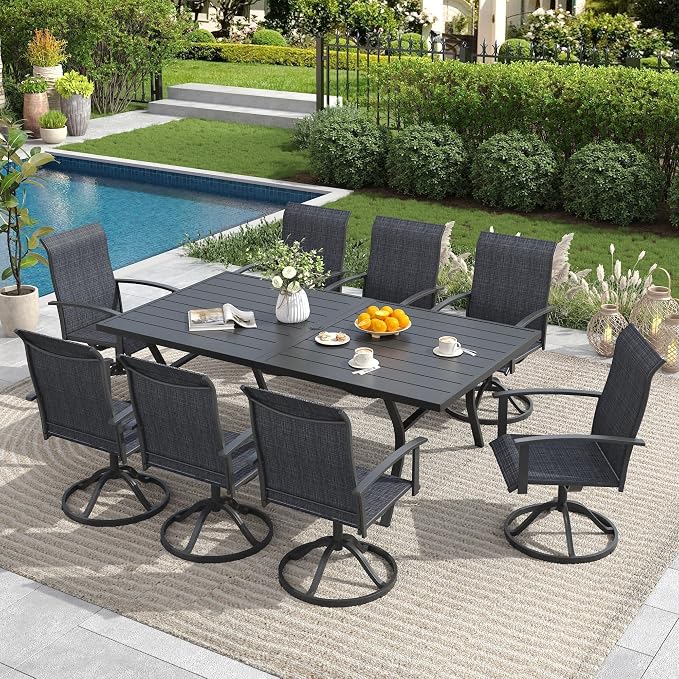 9 Pieces Outdoor Patio Dining Set, 70.9" All Weather Rectangle Metal Table with Umbrella Hole and 8 High Back Textilene Swivel Chairs for Garden, Lawn, Poolside, Black