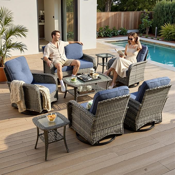 8-Piece Patio Furniture Set, Outdoor Wicker Furniture with Coffee Table, High Back Swivel Rocker Patio Chairs, Modern Rattan Outdoor Chairs Conversation Set for Porch, Balcony, Garden, Denim Blue