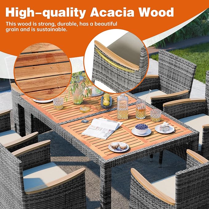 Shintenchi 7 PCS Patio Dining Set, Wicker Patio Conversation Set with Wooden Table Top, Outdoor Table and Chairs with Soft Cushions for Backyard, Deck and Garden, Grey Rattan
