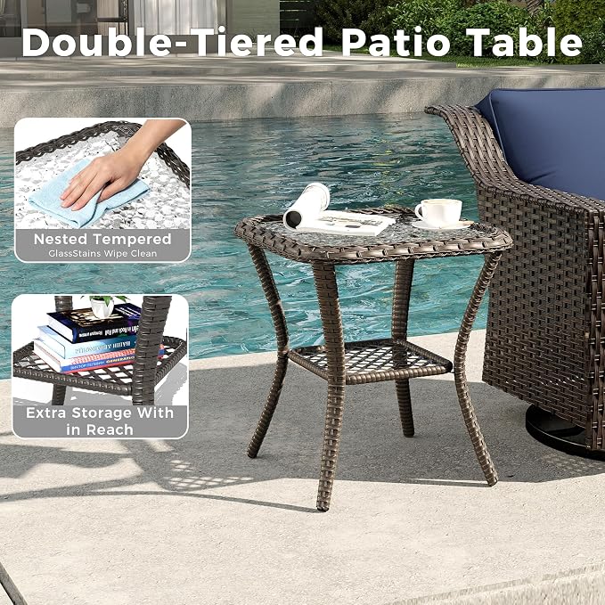 6 Pieces Patio Conversation Furniture Set - 1 Sofa, 2 Armchairs, 2 Ottomans, 1 Side Table, Outdoor Wicker Furniture with Removable Cushions for Porch, Balcony, Sunroom (Blue)