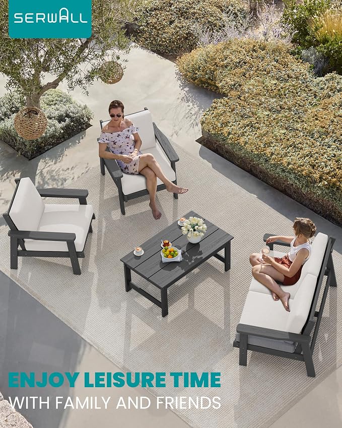 SERWALL HDPE Patio Furniture Set, 5 Piece All Weather Wood-Like Sectional Outdoor Furniture Set, Grey Patio Sofa Couch with Khaki Cushions for Deck, Lawn