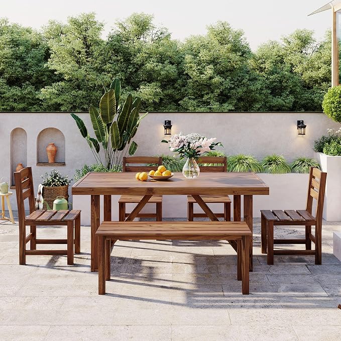 RUNNA Acacia Wood 6-Piece Outdoor Dining Set, Minimalist Patio Furniture with Dining Table,Bench and 4 Chairs for Garden, Balcony, Poolside (Brown-A1)