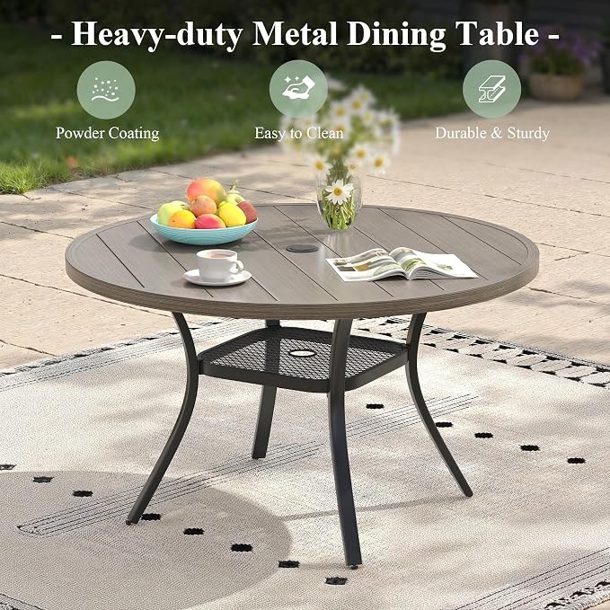 Outdoor Dining Set for 4, 40.6" Metal Round Outdoor Dining Table with Umbrella Hole and Sling Patio Swivel Chairs, 5 Pieces Patio Table and Chairs Set for Garden Backyard, Grey