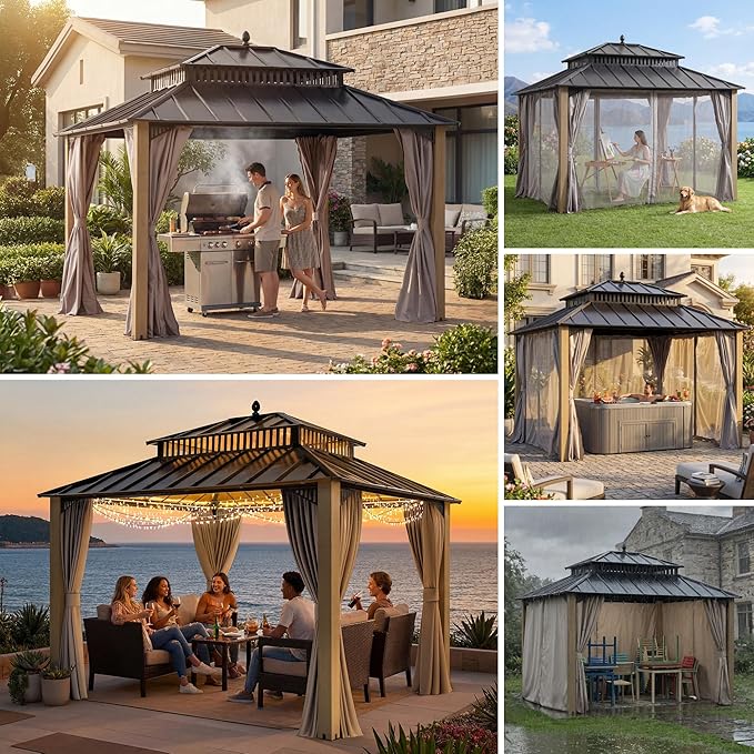 SUNJOY Kingston 12' x 10' Hardtop Wood Gazebo with Galvanized Steel Double Roof, Curtain and Netting, Cedar Posts Permanent Pavilion Gazebo for Garden, Patio, Deck, Lawn