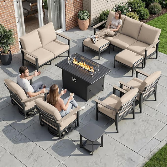 Aluminum Outdoor Patio Furniture Set, 10-Piece Sectional Sofa with 5.1" Thick Cushions, Swivel Rocking Chairs, 55,000 BTU Fire Pit Table, Outdoor Couch for Backyard, Deck, Khaki