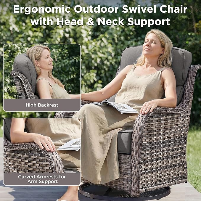 Luxury 5 Pieces Outdoor Patio Furniture Set-High Back Swivel Rocker Patio Chairs with Sofa and Ottomans, 6-inch Extra Thick Cushions Wicker Outdoor Conversation Set for Garden Porch(Grey/Grey)