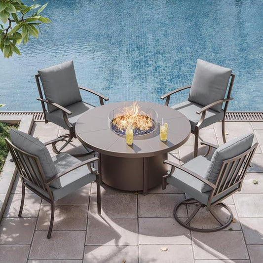 ALAULM 5-Piece Outdoor Dining Set for 4 Metal Outdoor Patio Furniture with 2 Swivel Chairs & 40000 BTU Round Fire Pit Table for Patio, Backyard, Garden-Grey