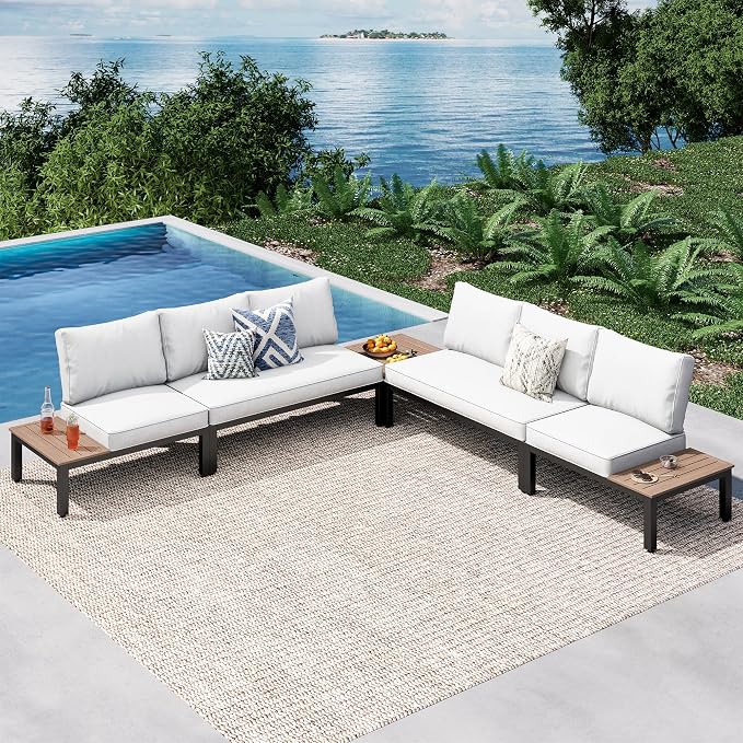 PHI VILLA 5 Pieces Outdoor Patio Furniture Set,Metal Frame Modern Outdoor Sectional Sofa Set,6 Seats Patio Conversation Sets with Coffee Table&Thickened Cushion,for Poolside and Backyard,Light Grey