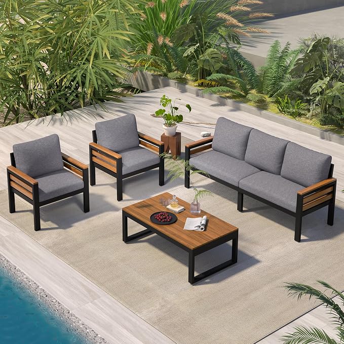 4-Piece Patio Set, Outdoor Furniture Sofa Set for 5 People with Acacia Wood Armrests, Conversation Set with Solid Wood Coffee Table, 2 Single Chairs, 3-Seater Sofa for Garden and Backyard (Gray/453)