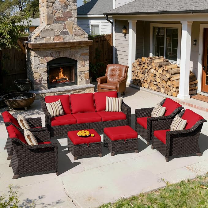 7 Pieces Patio Conversation Furniture Set - 1 Sofa, 2 Ottomans, 4 Armchairs, Outdoor Wicker Furniture with Removable Cushions for Porch, Balcony, Sunroom (Red)
