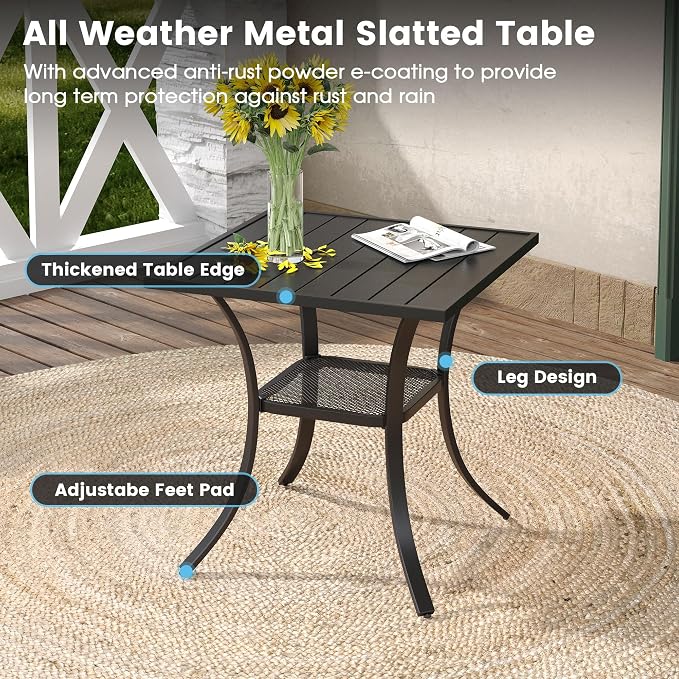 DIFY 3 Pieces Outdoor Patio Dining Set for 2, 27.6" Small Black Square Metal Dining Table and 2 Blue Textilene Swivel Dining Chairs, Outdoor Table and Chairs
