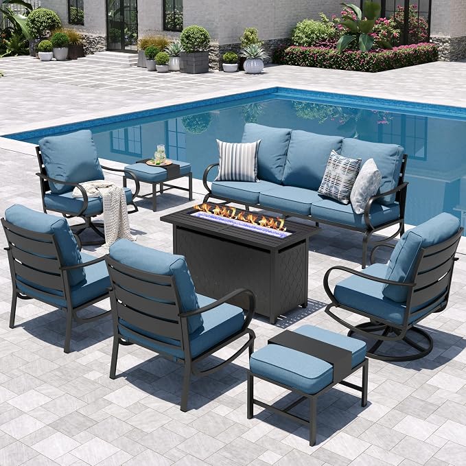 Sophia & William Patio Furniture Sets for 9 with 45" Gas Fire Pit Table Outdoor Conversation Sets 8 Pcs, 2xSofa Chairs, 2xSwivel Cushion Chairs, 1x3-Seat Sofa, 2xOttomans for Porch Poolside Navy