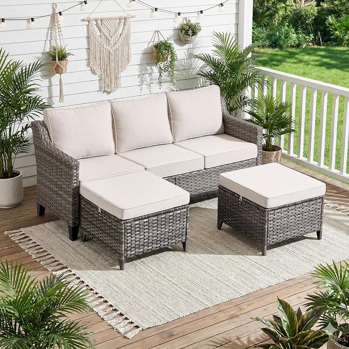 Luxury Patio Furniture sofa Set - 9 Pieces All Weather Wicker Outdoor Couch and High Back Swivel Rocker Patio Chairs with Side table&footstools for Deck Yard and Poolside Gray Wicker | Beige Cushions
