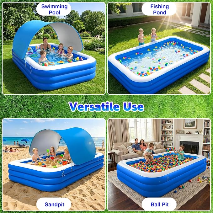 MoKo Inflatable Swimming Pool with Canopy, Large Blow Up Pool with Shade for Adults Kids Kiddie Toddler, 102" × 65" × 23" Big Foldable Family Above Ground Pools for Backyard Garden, Blue/White