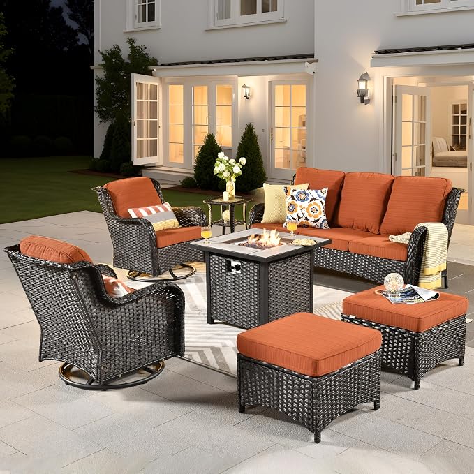 ovios 7 Pieces Patio Furniture Set with 30 inch Fire Pit Table, Outdoor Wicker Sofa Couch Swivel Rocking Glider Chairs, Modern Luxury Conversation Set, Brown Wicker, Orange Red