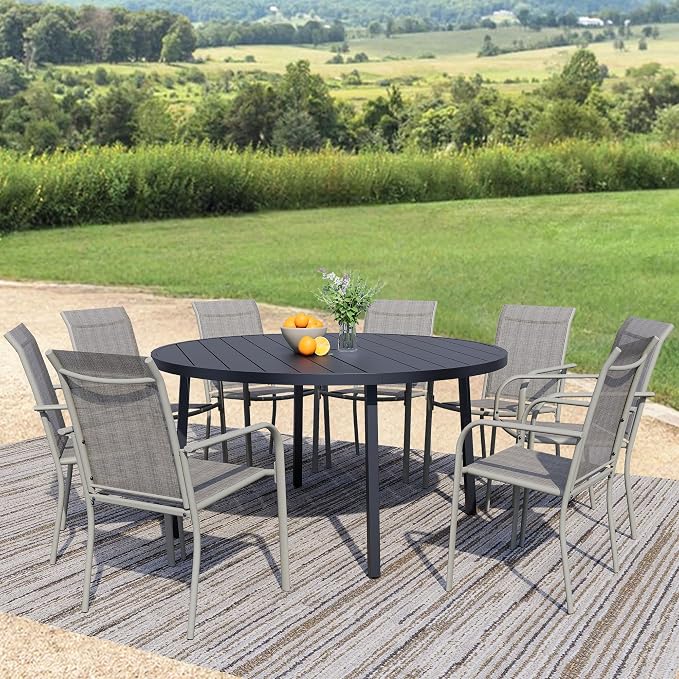 9-Piece Patio Furniture Set, Black Round Patio Table and Grey Chairs Set of 8, Outdoor Dining Set with Umbrella Hole for Garden, Yard, Patio