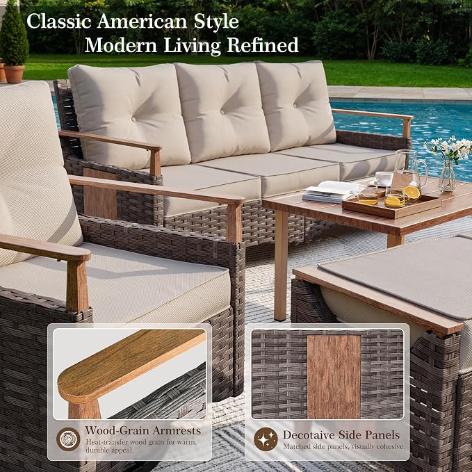 Nestnook 6 Pieces Patio Furniture Set, Outdoor All-Weather Handwoven PE Wicker Swivel Chairs, Conversation Set with Coffee Table, Sofa with Thick Cushion & Ottoman for Backyard, Deck & Poolside, Beige
