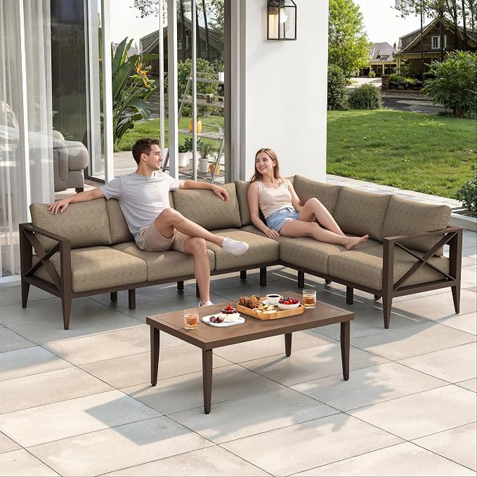 Outdoor Sectional Sofa Set 6 Seat Patio Conversation Set with Cushions, Aluminum Patio Furniture for Backyard Deck Garden Seating