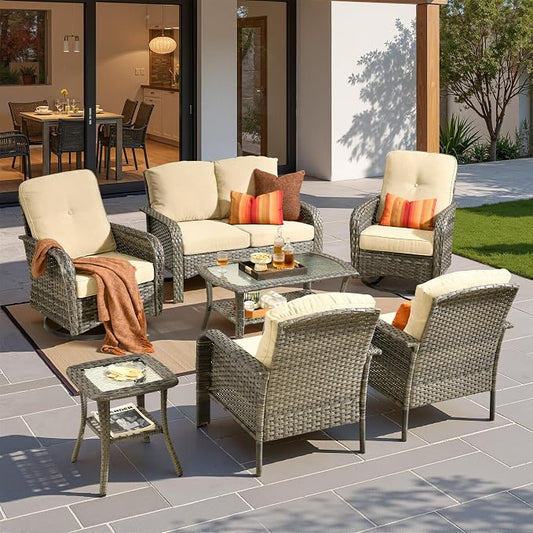 7 Pieces Patio Conversation Sets,Patio Furniture Set with Swivel Rocking Chairs,Coffee Table, Side Table, All Weather Rattan Wicker Outdoor Sectional Furniture Set for Porch Balcony Backyard Beige