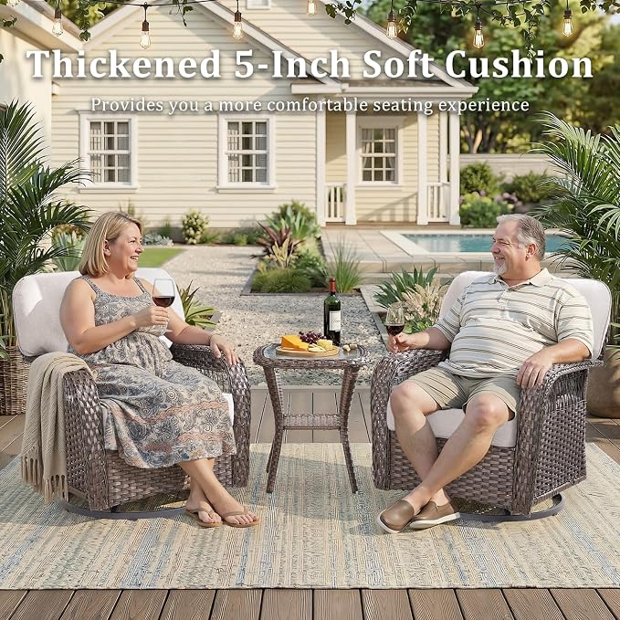 Patio Furniture Sets, 2 PCS Wicker Outdoor Furniture - Patio Swivel Rocking Chairs with All-Weather Olefin Cushions for Garden, Porch, Backyard, Beige/Brown Wicker
