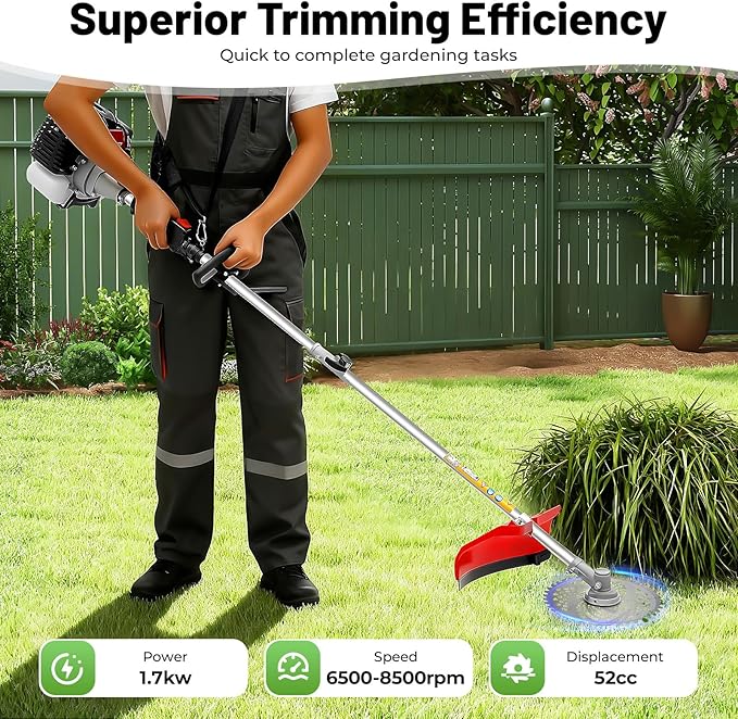 52cc Gas Powered Weed Eater, 3-in-1 Brush Cutter, Heavy Duty Straight Shaft Gas Weed Wacker with 7 Attachments, String Trimmer for Tough Weeds & Land Clearing
