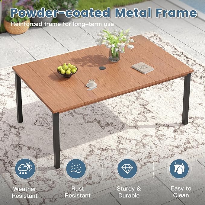 DIFY 7 Pieces Outdoor Patio Dining Set, 6 Black Stackable Metal Dining Chairs and 63" Walnut Rectangle Dining Table, Outdoor Table and Chairs for Lawn Garden Backyard Deck