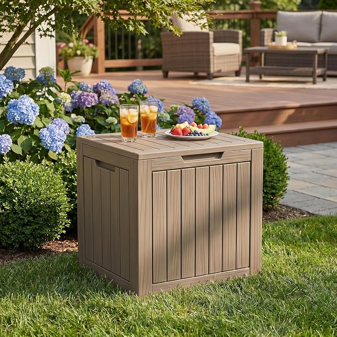 35 Gallon Deck Box Outdoor Waterproof, Resin Storage Box Outdoor Lockable, Multipurpose Outside Container for Patio Cushions, Garden Tools & Package Drop, UV & Fade Resistant Gray Brown