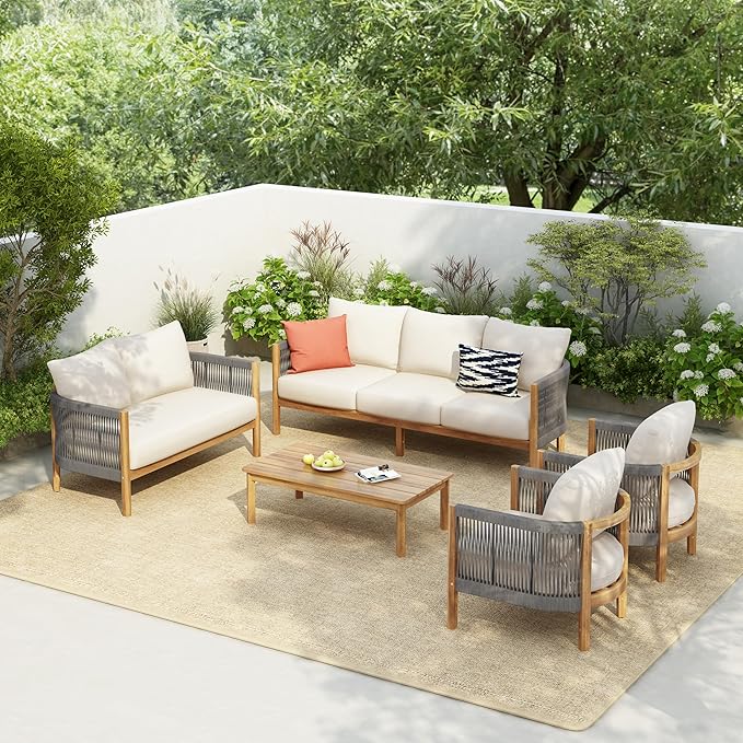 Christopher Knight Home Havets 5 Pieces Outdoor Acacia Furniture Set, Woven Rope Loveseat and Accent Club Chairs, 6" Thick Cushions Sofa and Coffee Table Set for Backyard Garden Balcony, Gray+Beige
