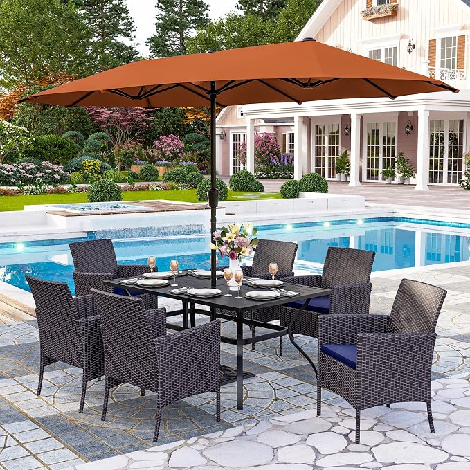 PHI VILLA 7pc Patio Dining Set w/Umbrella, Rectangular Table, Rattan Chairs | Outdoor Dining Set for 6, 60” Metal Table & 6 Cushioned Rattan Chairs with Red Umbrella for Outdoor, Deck, Yard, Porch