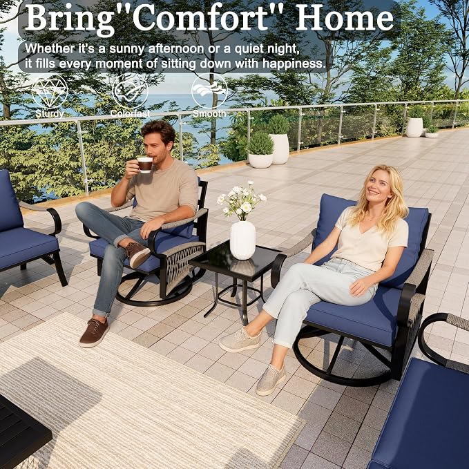 10 Pieces Patio Conversation Sets, All-Weather Metal Swivel Rocking Chairs with Rope Furniture Set, Outdoor Sofa Couch for Deck, Porch, Garden, Backyard, Poolside (Blue Cushions)