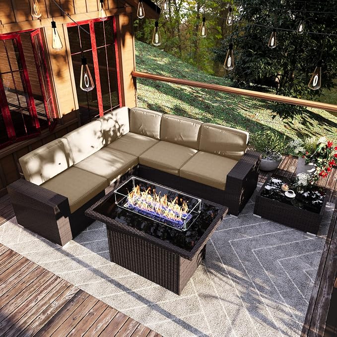 7 Pieces Patio Furniture Set with 44" Propane Gas Fire Pit Table, Outdoor Sectional Brown Rattan Wicker Conversation Sofa Sets with Coffee Table
