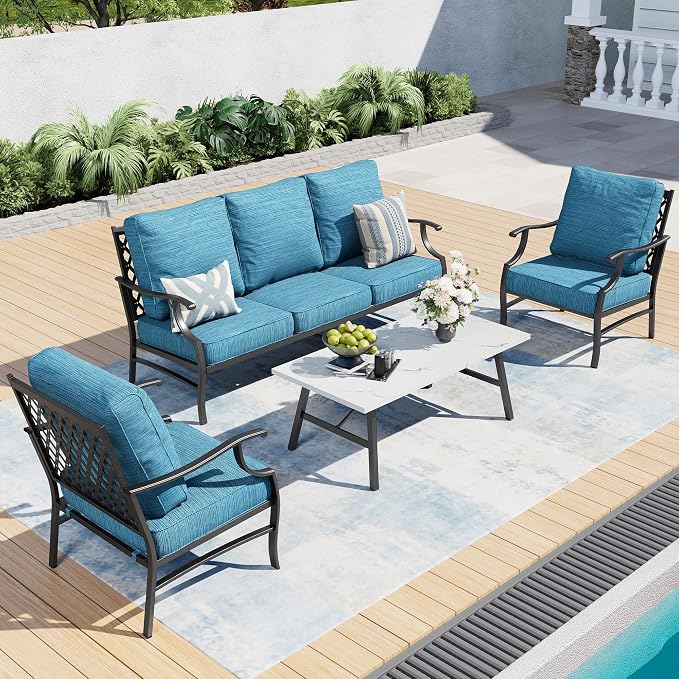 SUNSHINE VALLEY 4 Piece Metal Outdoor Patio Furniture Set, Patio Conversation Set 1 3-seater Sofa, 2 Fixed Chair with 5.75" Extra Thick Cushion and Coffee Table, Black Frame Backyard Furniture, Blue-2