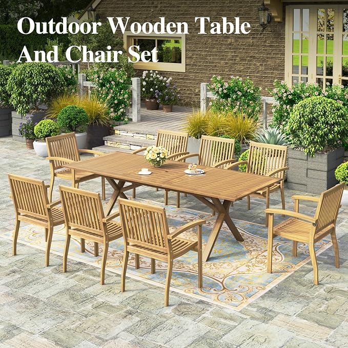HERA'S HOUSE 9pc Patio Dining Set, Expandable Acacia Wood Table + 8 Chairs | Rectangular wooden table with umbrella hole, Fade-resistant, all-weather furniture for backyard, garden & poolside