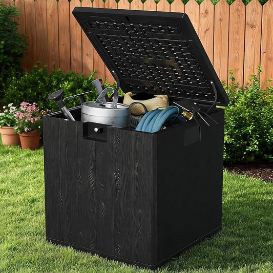 28 Gallon Outdoor Deck Box, Lockable Waterproof Outdoor Resin Box with Lid, Patio Storage Bin for Patio Furniture, Garden Tools, Pool Accessories - Brown