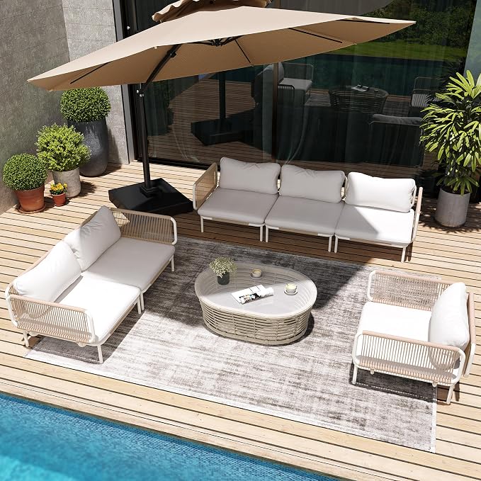 6-Piece Patio Furniture Set, Oversized Outdoor Sectional Sofa with Thick Cushions, Weather-Resistant Metal Frame Conversation Set for Backyard, Garden, Poolside - Beige Cushion