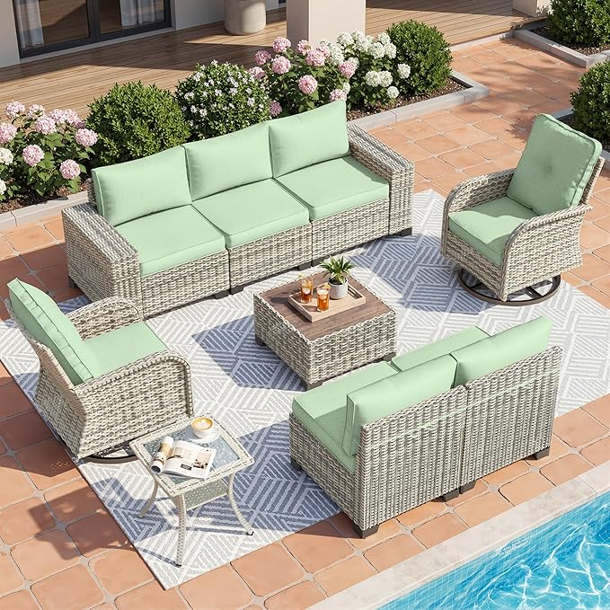 9-Piece Outdoor Patio Furniture Set with Rocking Swivel Chair Wicker Sectional Sofa Set, Patio Conversation Set with Thickened Cushions & Coffee Table for Garden, Backyard, Light Green