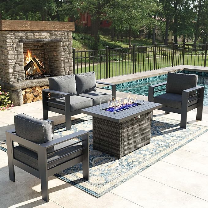 4 Pieces Modern Aluminum Patio Furniture Set with Fire Pit Table, Outdoor Conversation Sets Metal Sectional Sofa