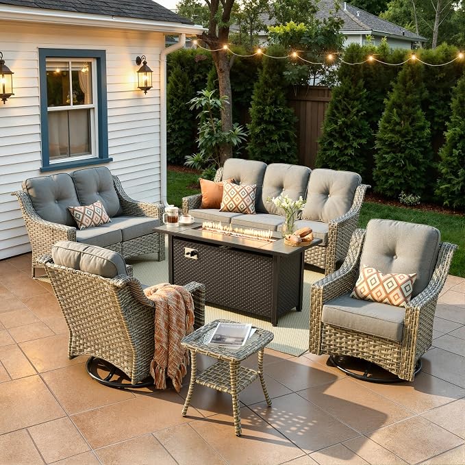 6 Piece Patio Furniture Set with Fire Pit Table, Conversation Sets with High Back Swivel Rocker Chairs, Outdoor Wicker Sofa Loveseat with Comfy Cushion for Backyard Deck Garden, Dark Gray
