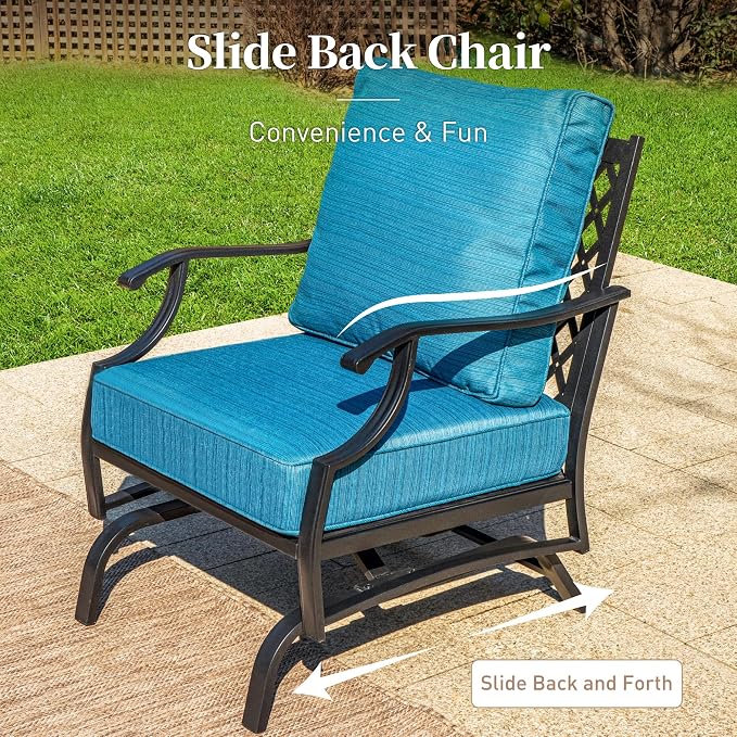 SUNSHINE VALLEY 5 Piece Metal Outdoor Patio Furniture Set with Fire Pit Table, Patio Conversation Sets 4 Rocking Chairs with 5.75" Thick Cushion and 5000 BTU Fire Pit Table, Backyard Furniture, Blue-2