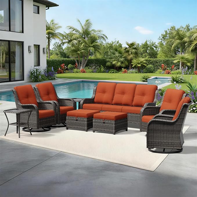 Joyside 9 Piece Wicker Patio Furniture Set, Outdoor Swivel Rocker Patio Chairs with High Back, Deep Seating, Wide Armrest, Thickened Cushions, Outdoor Furniture for Deck, Porch Use