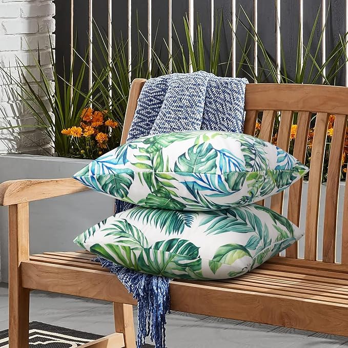 JASEN Pack of 2 Decorative Outdoor Waterproof Throw Pillow Covers, Natural Leaves Pattern Spring for Patio Furniture Garden Balcony Couch 18x18 Inch (Green)