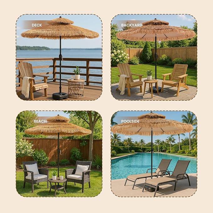 COSIEST 10FT Tiki Umbrella Outdoor Patio Hawaiian Thatched Shade With 8 Ribs Tilt Adjustment for Garden Pool Backyard Beach