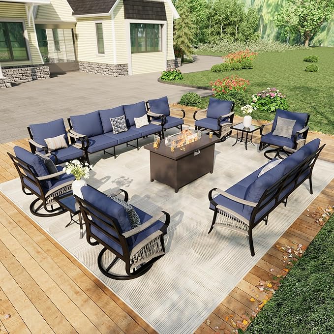 11 Pieces Modern Patio Furniture Set, All Weather Metal Outdoor Conversation Sets with Fire Pit Table for Backyard Garden Deck Porch Poolside, Blue
