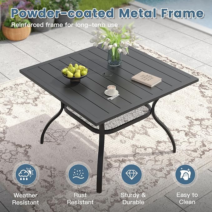 DIFY 5 Pieces Outdoor Dining Set, Metal Patio Table and Chairs Set for 4, 37.8" Square Dining Table with Umbrella Hole & Wicker Swivel Patio Chairs with Cushions, Black Tabletop