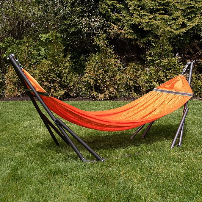 Best Home Fashion Portable Hammock with Collapsible Steel Stand, 600 lbs Capacity, No Tools Assembly, Carrying Bag Included, Perfect for Indoor Outdoor Backyard Patio Camping Beach, 2 Person, Orange