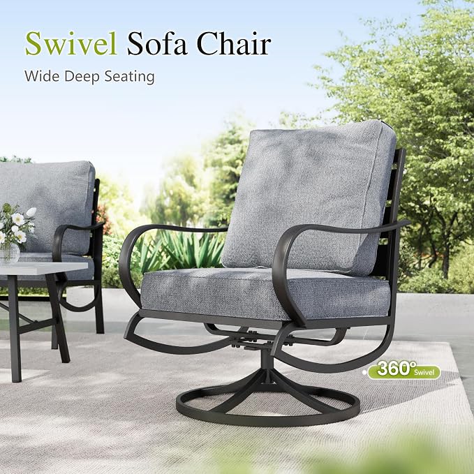 Sophia & William Patio Furniture Sets for 7 Outdoor Conversation Set 6 Pcs with 4 x Armrest Cushioned Sofa Chairs, 1 x 3-Seat Sofa, 1 Marbling Metal Coffee Table Garden Backyard Poolside Grey