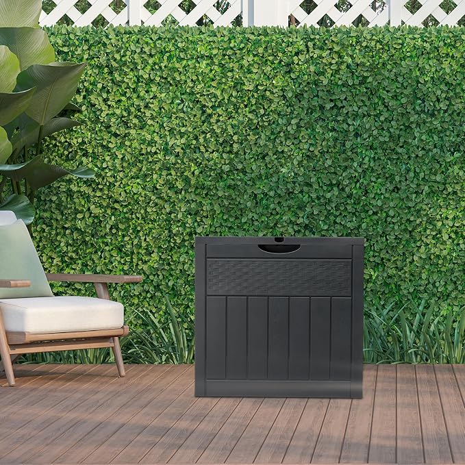 OOD & Rattan Plastic Garden Storage Box,30 Gallon Resin Outdoor Storage Box and Patio Furniture Side Table for Pool and Garden Accessories, Gray