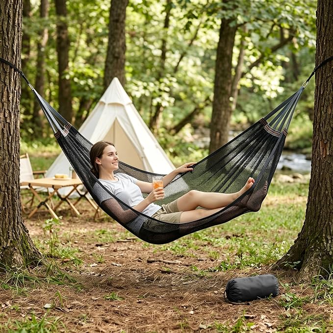 Outdoor Hammock Without Stand|Camping Hammock Lightweight Portable, Anti-roll Breathable Mesh Outdoor with Tree Straps & Carry Bag, Black (102.36x51.18in)