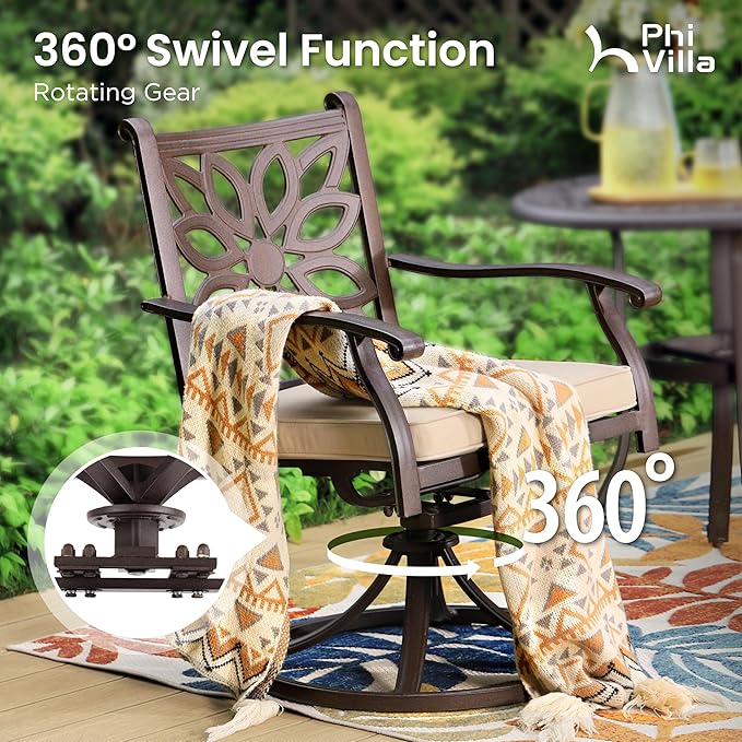 PHI VILLA Cast Aluminum Patio Dining Set for 6, 7 Pieces Outdoor 63" Heavy-Duty Table with Umbrella Hole & Fixed Swivel Chairs Combo with Cushions, Large Outside Furniture Set for Deck, Porch - Brown