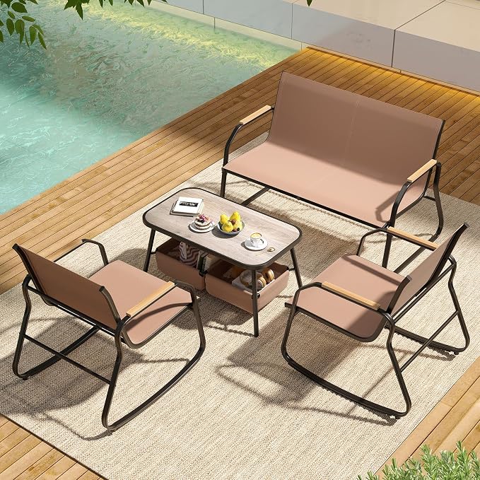HAPPYGRILL Outdoor Conversation Set with Bistro Rocking Chairs, Loveseat, Storage Coffee Table, Patio Furniture Set with Heavy-Duty Metal Frame, Breathable Mesh Fabric (1)